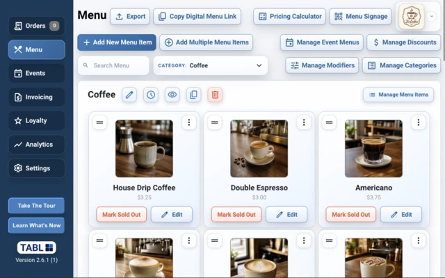 TABL bowling concession POS menu management screen thumbnail