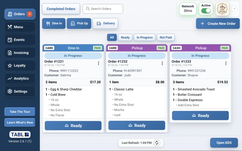 TABL Portal order queue screen