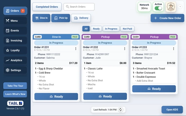 TABL bowling concession POS order queue screen thumbnail